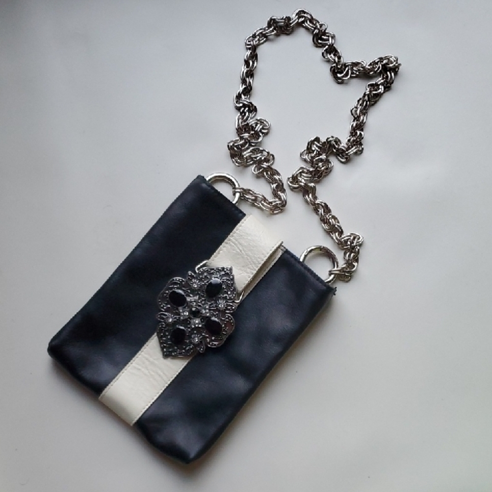Black and White Crossbody Bag with Chain and Rosette